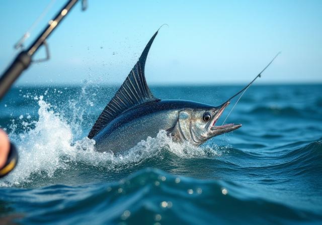 A fishing rod bending under the strain of a large deep-sea fish.