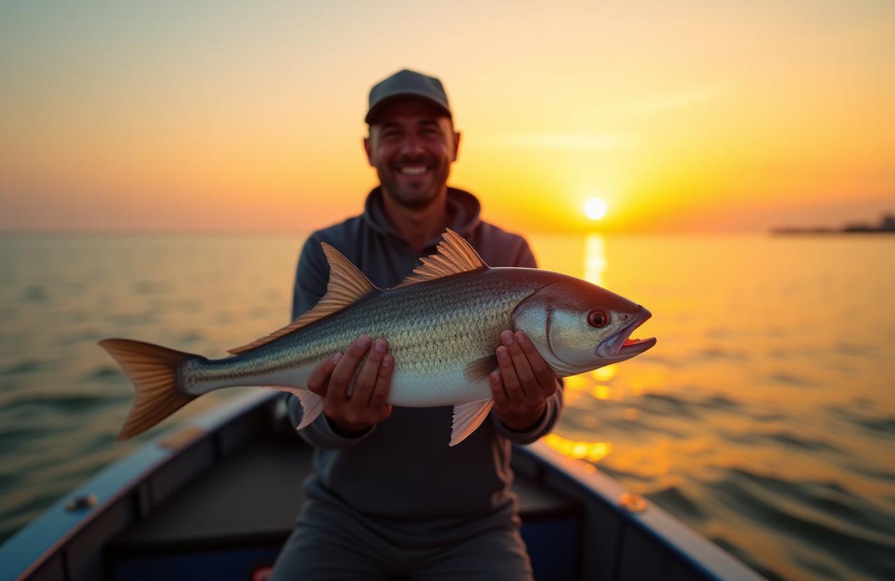 A happy angler holding a large fish on a boat at sunrise in Singapore.